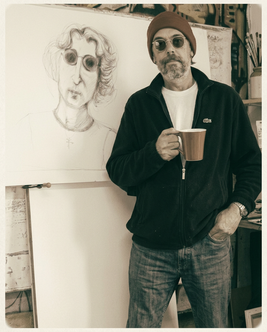 Zico Priester em seu ateliê, ao lado de um desenho em processo